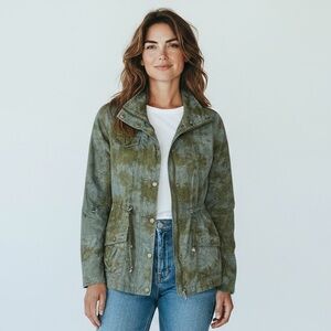 Ashley by 26 International Women's M Utility Jacket Olive‎ Blue Pockets Zip EUC